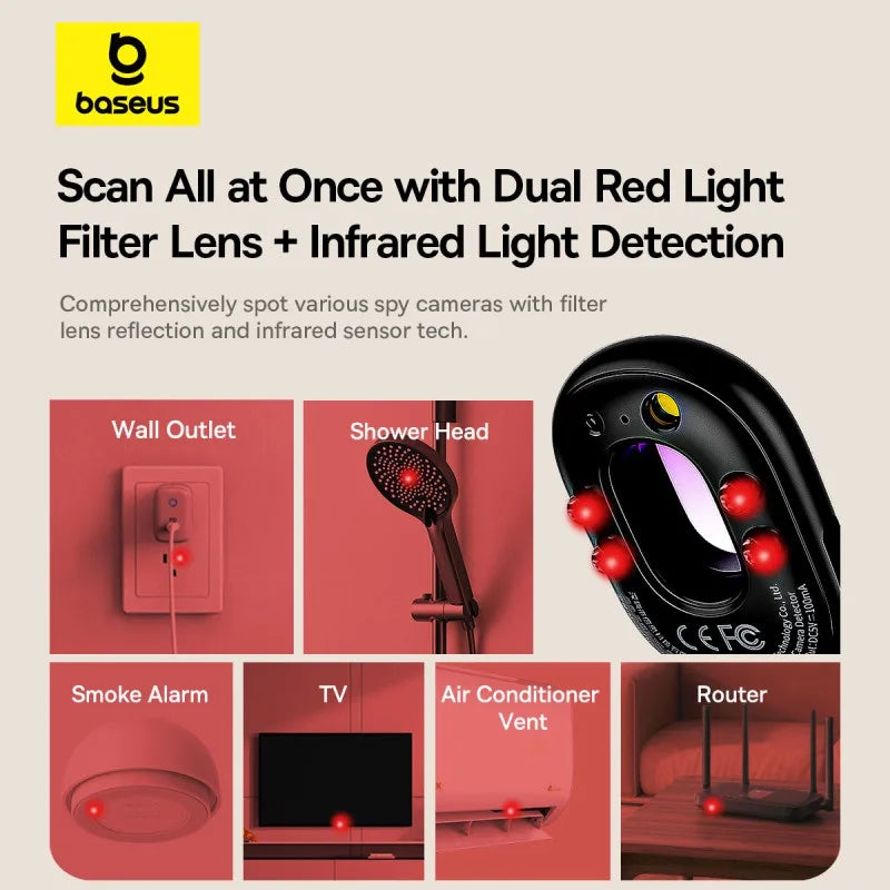 Smartlyo Baseus Camera Detector device with compact design and LED indicators for detecting hidden cameras and surveillance equipment.