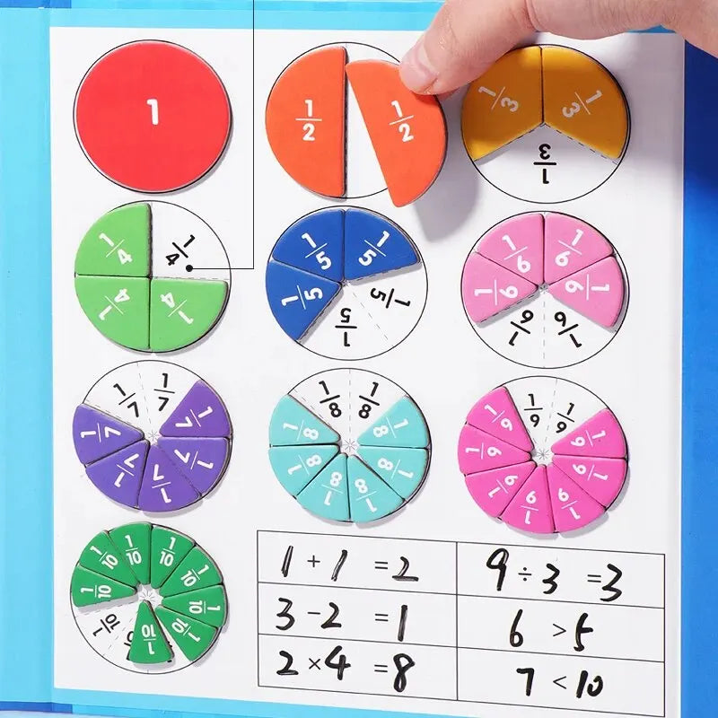 Magnetic fraction puzzles by Smartlyo featuring colorful pieces and educational design for learning fractions on a magnetic board.