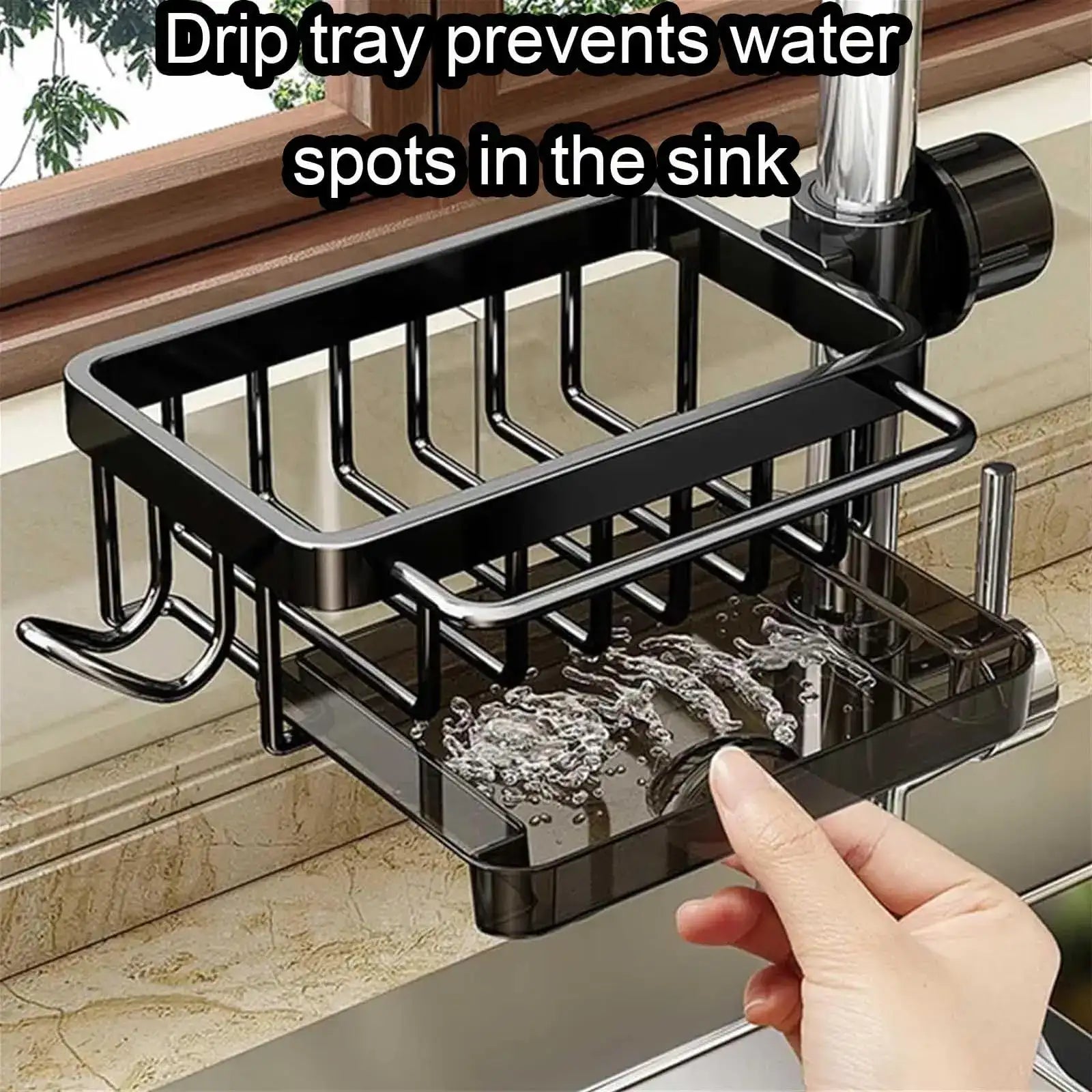 Smartlyo kitchen sink faucet organizer with multiple compartments for sponges, brushes, and cleaning supplies.
