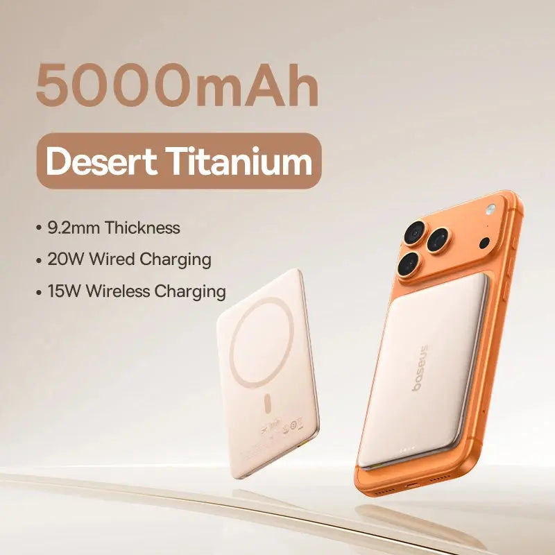 Smartlyo Baseus magnetic power bank with 5000mAh capacity, shown with magnetic attachment and compact design.