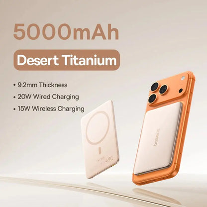 Smartlyo Baseus magnetic power bank with 5000mAh capacity, shown with magnetic attachment and compact design.