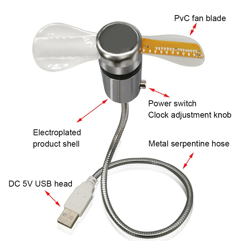 Smartlyo LED clock fan mini fan powered by DC 5V, showing a sleek design with a digital clock display and rotating fan blades.