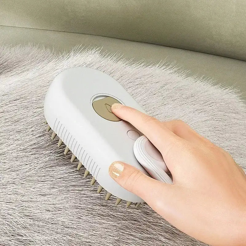 Smartlyo Steam Pet Brush 3-in-1 with ergonomic handle and bristles for grooming cats and dogs, emitting steam for gentle cleaning.