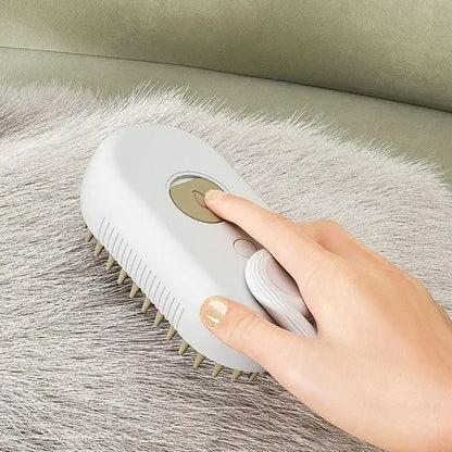 Smartlyo Steam Pet Brush 3-in-1 with ergonomic handle and bristles for grooming cats and dogs, emitting steam for gentle cleaning.