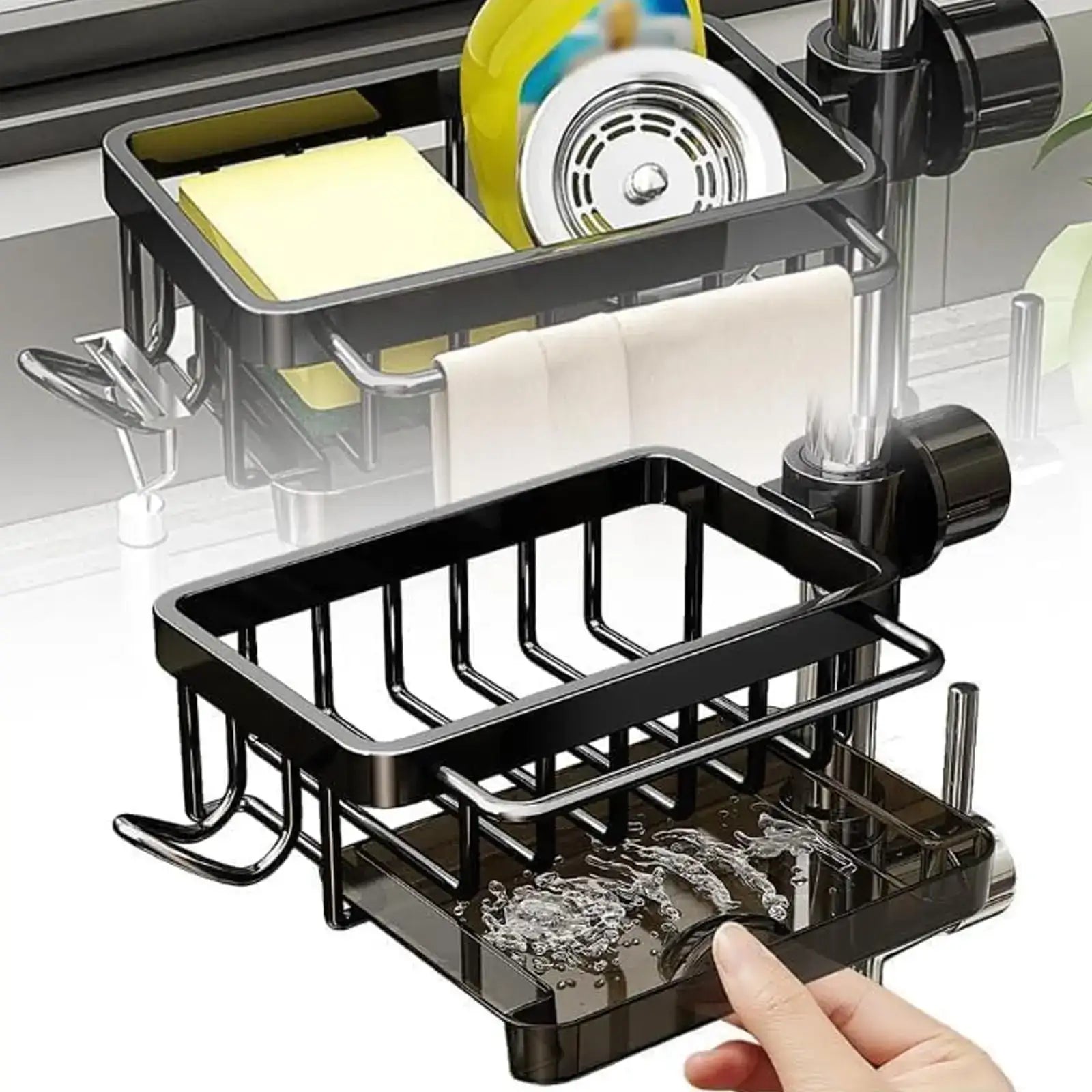 Smartlyo kitchen sink faucet organizer with multiple compartments for cleaning supplies and accessories, mounted under the faucet.