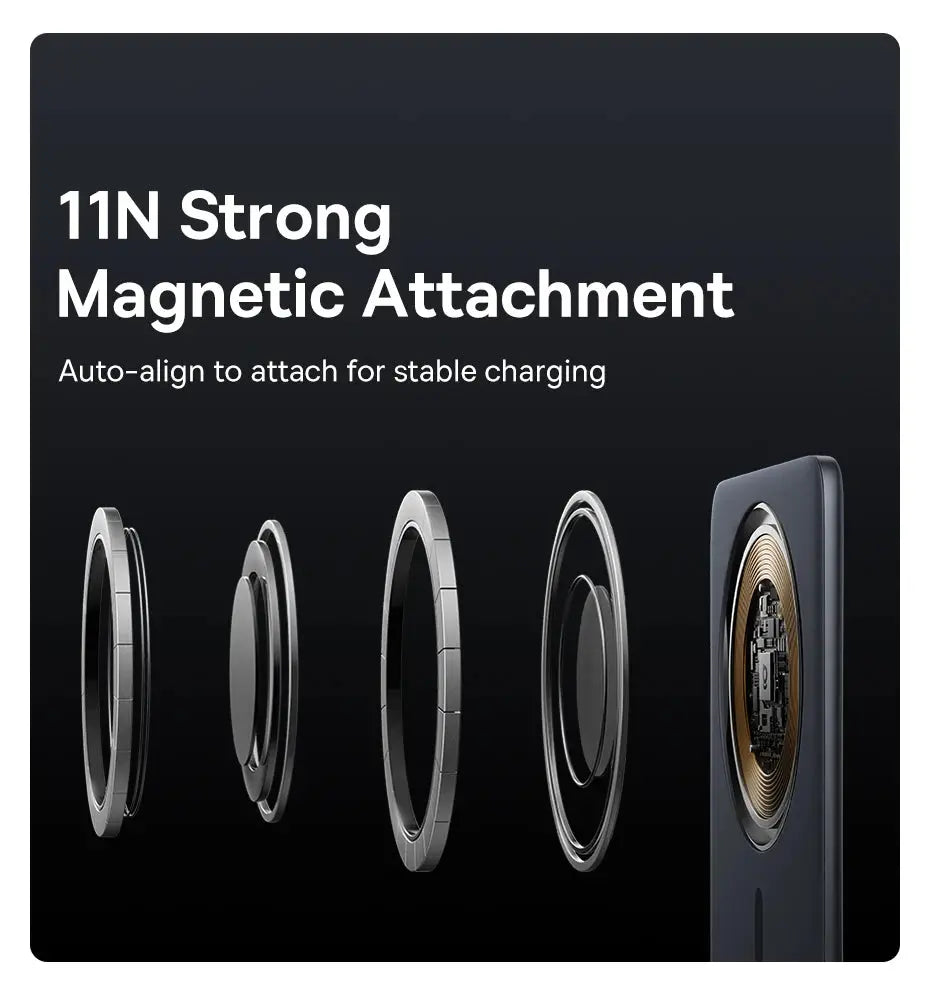 Smartlyo Baseus 5000mAh magnetic power bank connected to a smartphone, portable charging device with magnetic attachment.