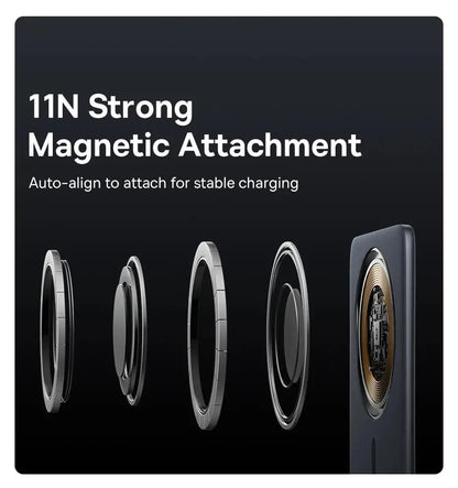 Smartlyo Baseus 5000mAh magnetic power bank connected to a smartphone, portable charging device with magnetic attachment.