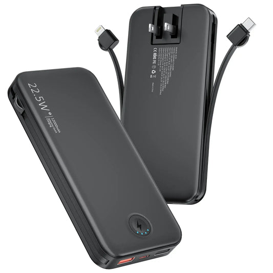 Smartlyo portable charger with built-in cables, compact design for convenient on-the-go device charging.