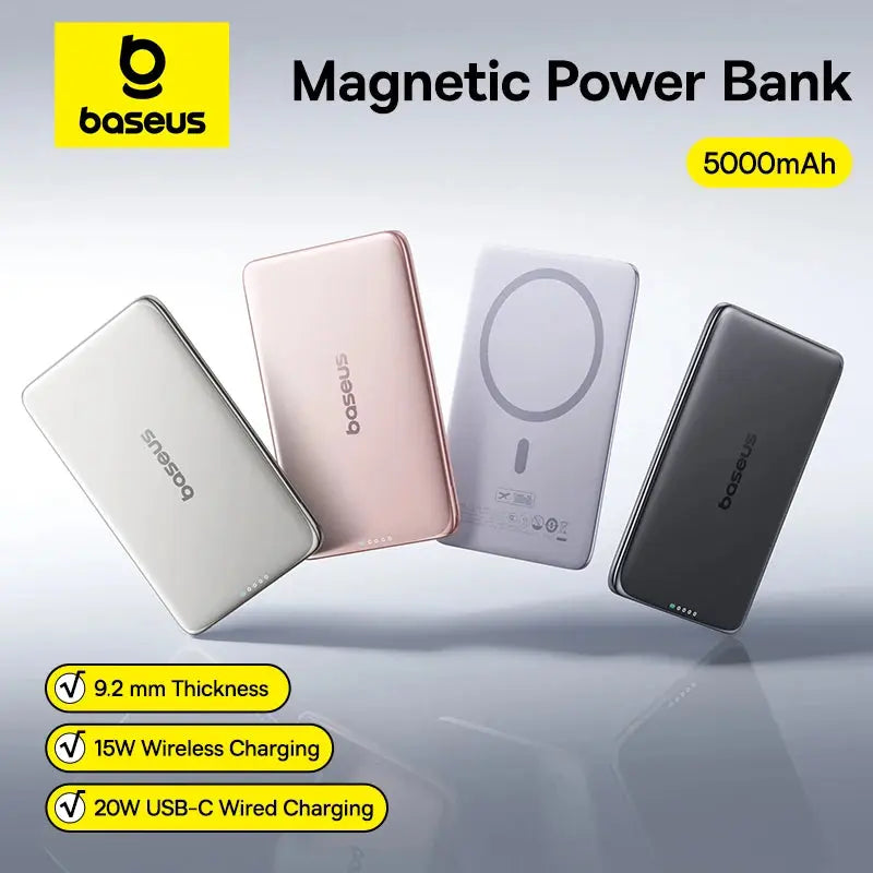 Smartlyo Baseus magnetic power bank with 5000mAh capacity, showing its sleek design and magnetic charging surface.