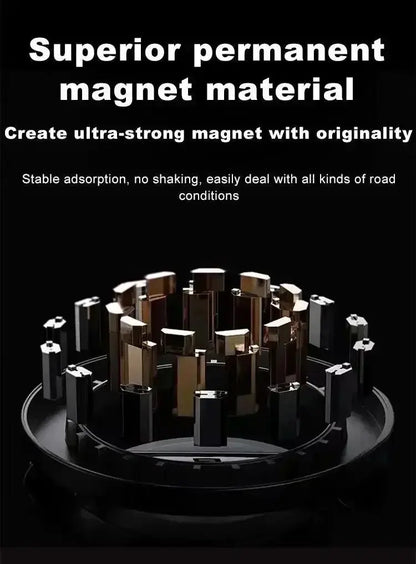 Smartlyo 360° magnetic cell phone holder with strong grip, mounted on a car dashboard for hands-free phone use.