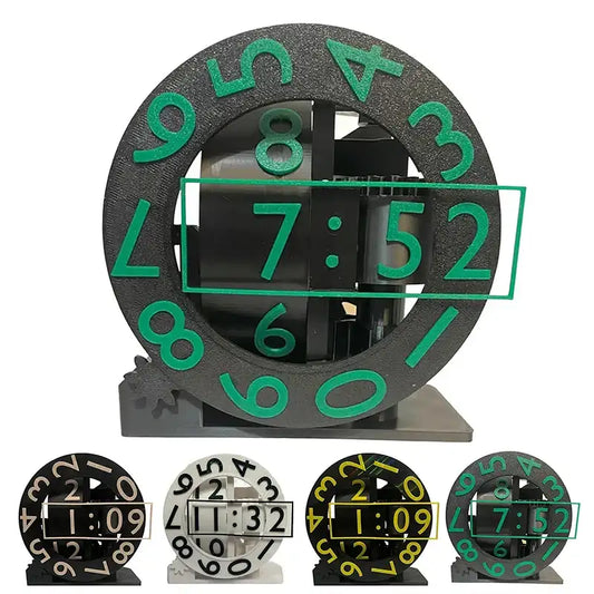 3D printed Triaxial Clock by Smartlyo with rotating numeric display, showcasing modern design and intricate mechanical features.