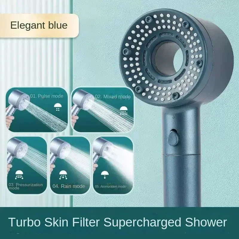 Smartlyo 5 Mode Adjustable Shower Head with multiple spray settings and modern design, shown with water spray pattern.