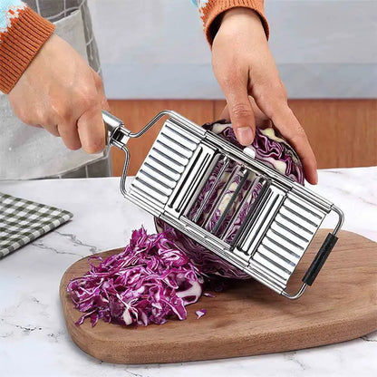Smartlyo 4-in-1 stainless steel vegetable shredder and grater with handle, portable manual kitchen tool for slicing and shredding.