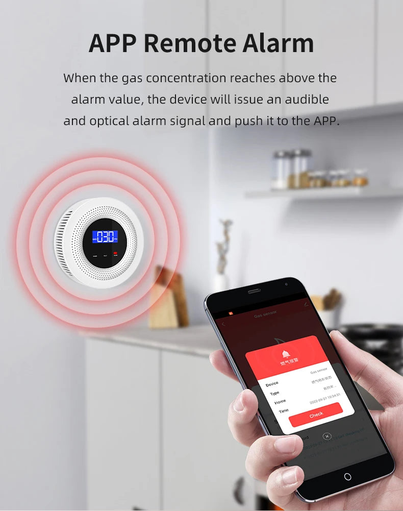 Smartlyo Tuya WiFi combustible gas leak sensor showing device with digital display and sensor components for home safety detection.