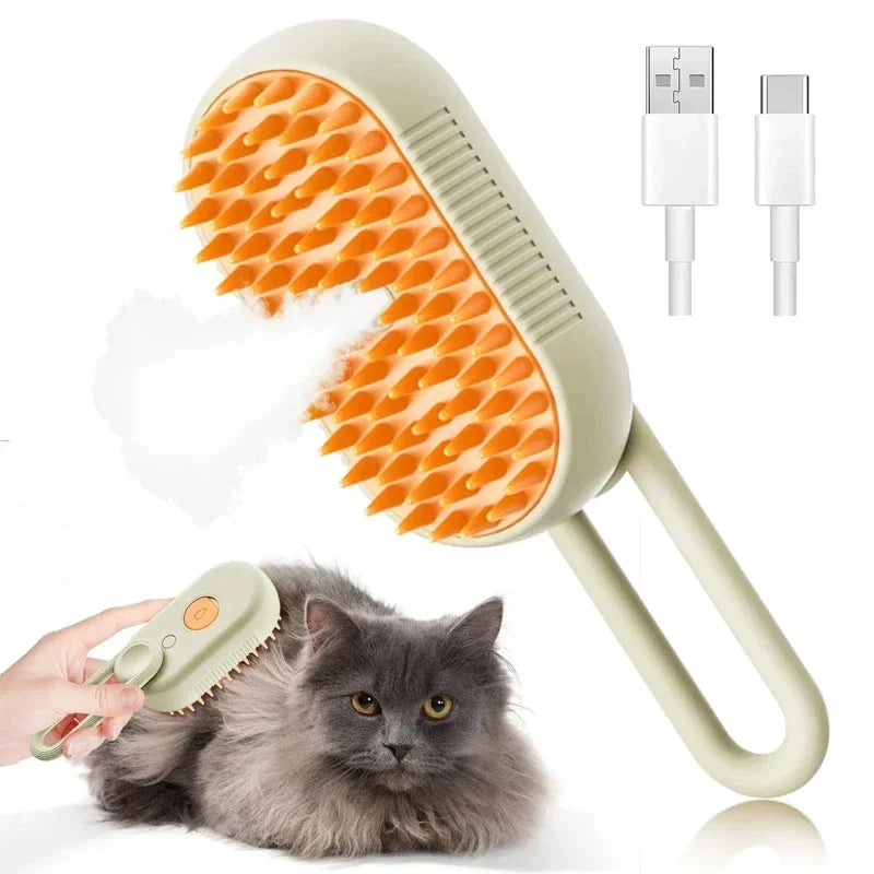 Smartlyo Steam Pet Brush 3-in-1 showing a pet grooming brush with steam function and ergonomic handle