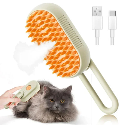 Smartlyo Steam Pet Brush 3-in-1 showing a pet grooming brush with steam function and ergonomic handle