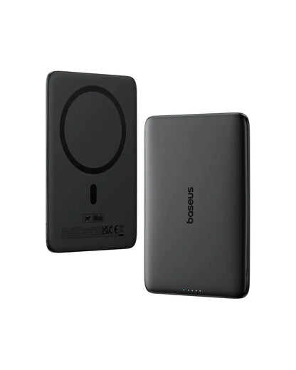 Smartlyo Baseus 5000mAh magnetic power bank showing compact design with magnetic charging feature and branding.