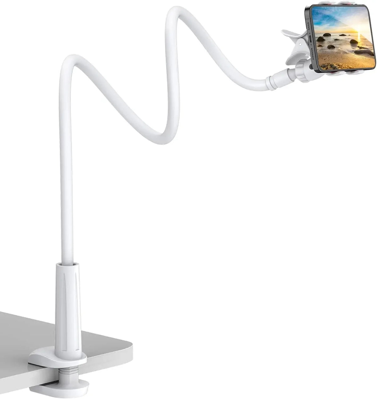 Adjustable 360° rotating Smartlyo lazy phone holder with clamp, holding a smartphone securely for hands-free use.