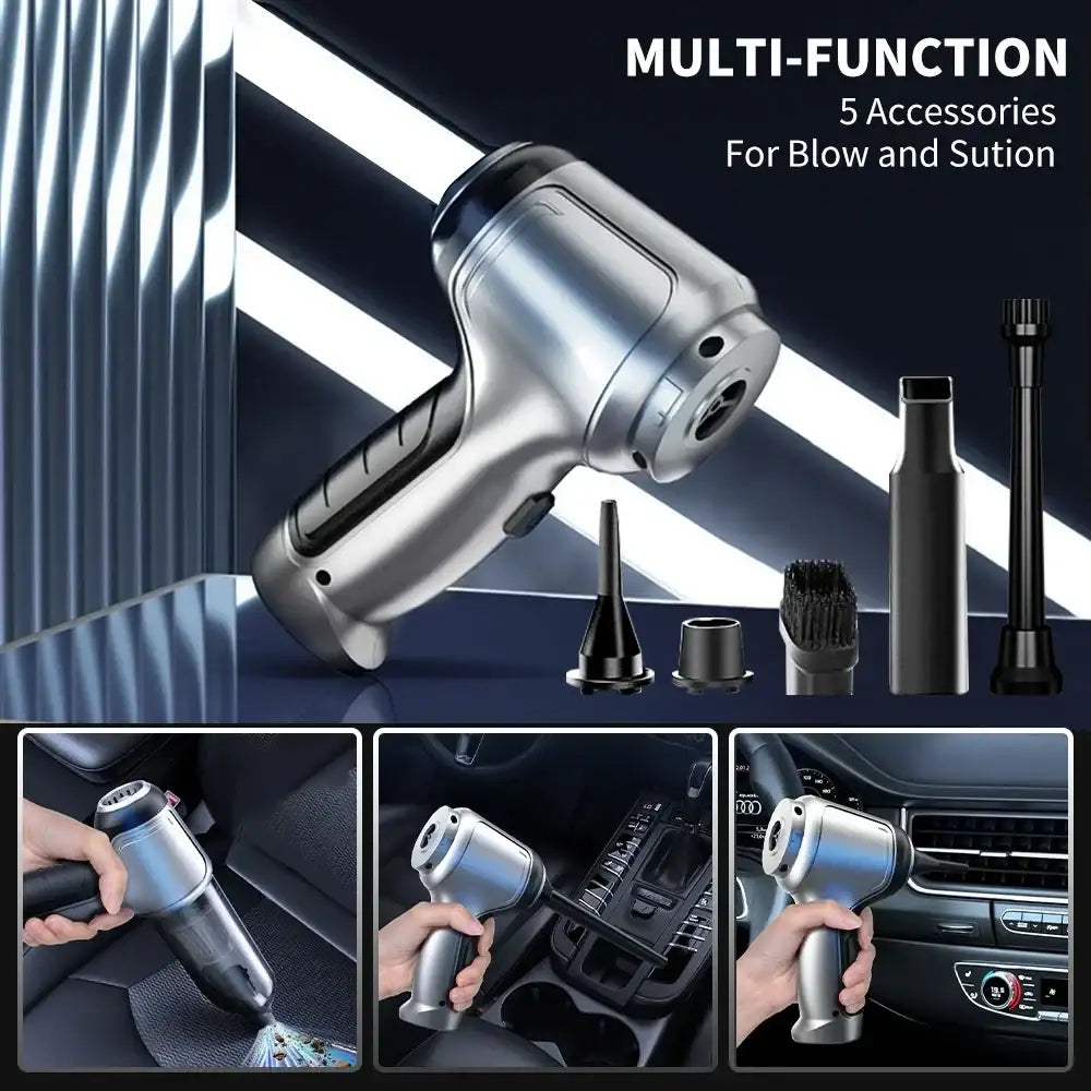 Smartlyo wireless car vacuum cleaner, cordless and compact, shown in black with easy-to-hold handle and suction nozzle for vehicle cleaning.