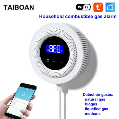 Smartlyo Tuya WiFi combustible gas leak sensor showing device with digital display and sensor probe for detecting gas leaks.