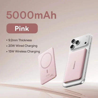 Smartlyo Baseus 5000mAh magnetic power bank with sleek design and built-in magnetic attachment for easy charging.