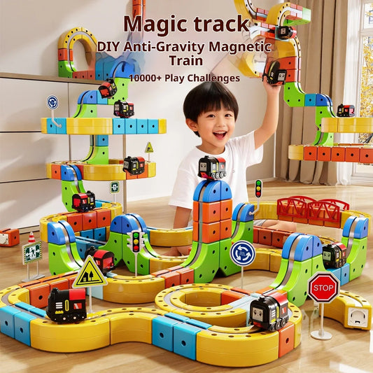 Magnetic Racing Car Track Set with Motorized Train & Gravity Maze