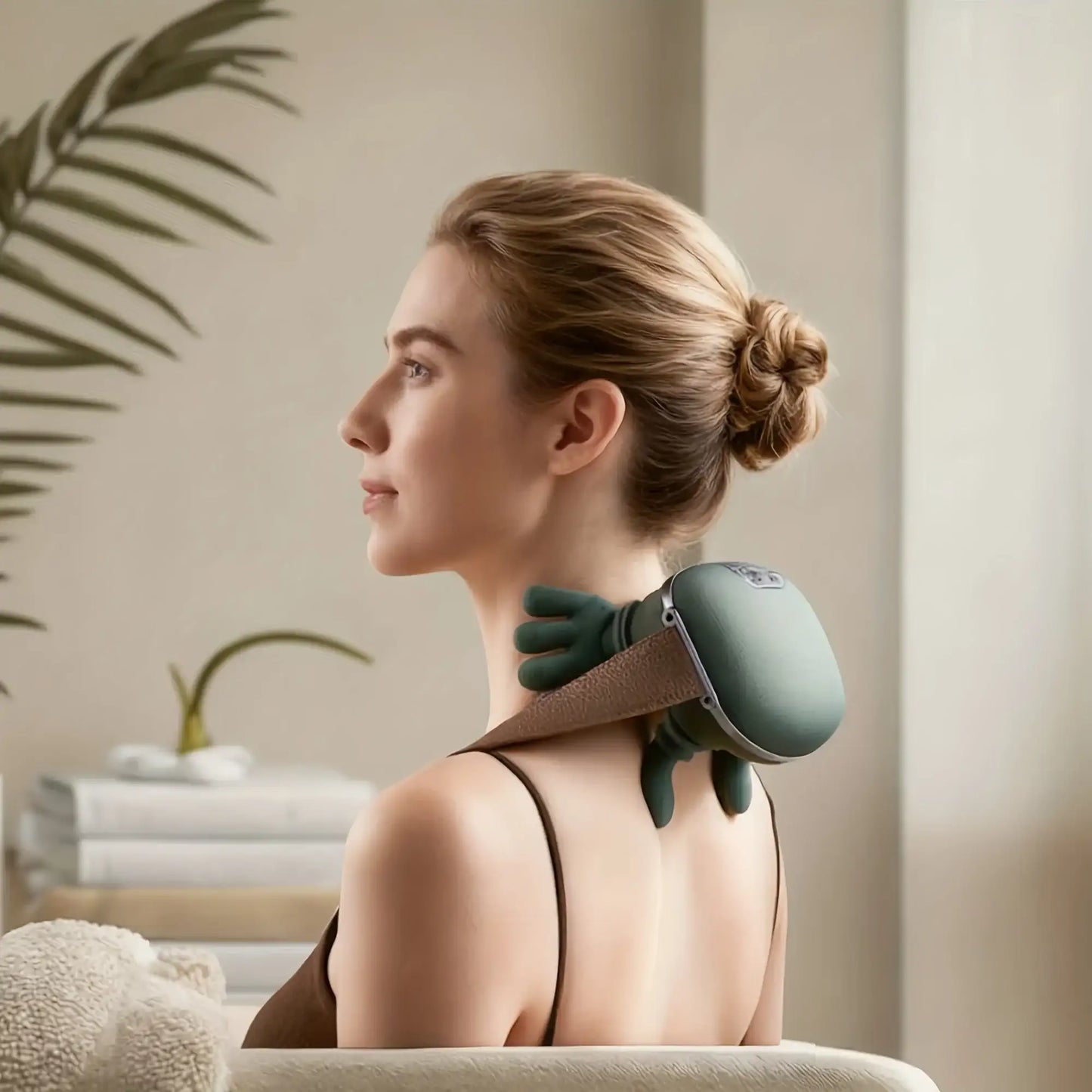 Smartlyo automatic shoulder and neck massager with ergonomic design, showing cushioned pads and control buttons.