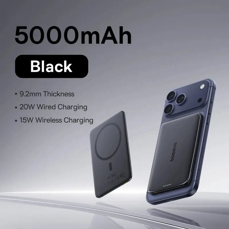Smartlyo Baseus magnetic power bank with 5000mAh capacity, shown attached to a smartphone for portable charging.