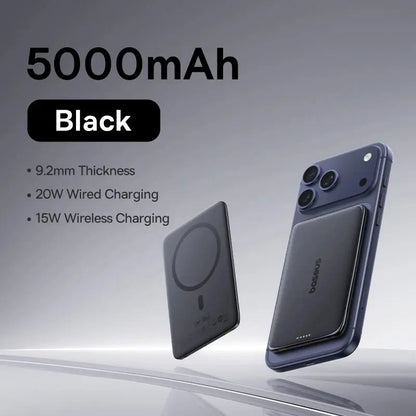 Smartlyo Baseus magnetic power bank with 5000mAh capacity, shown attached to a smartphone for portable charging.