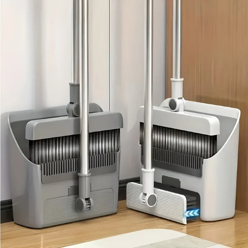 Smartlyo 3-in-1 folding broom and dustpan set for multi-surface cleaning, compact design, and easy storage.