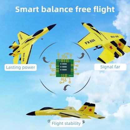 Smartlyo SU35 RC plane toy shown in flight with detailed blue and gray design, remote control and propellers visible.