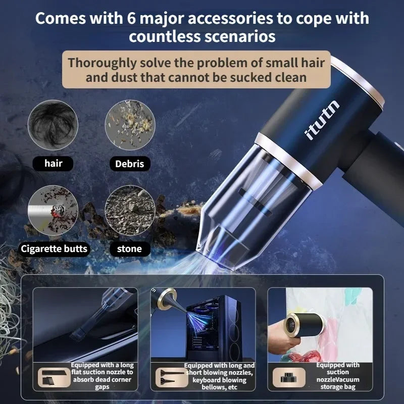 Smartlyo ITUTN wireless car vacuum cleaner shown with compact design and handheld operation for convenient vehicle cleaning.