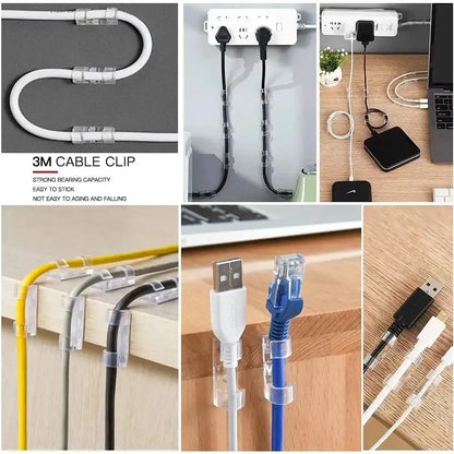 Set of 20 transparent adhesive cable clips from Smartlyo, holding and organizing cables neatly on surfaces.