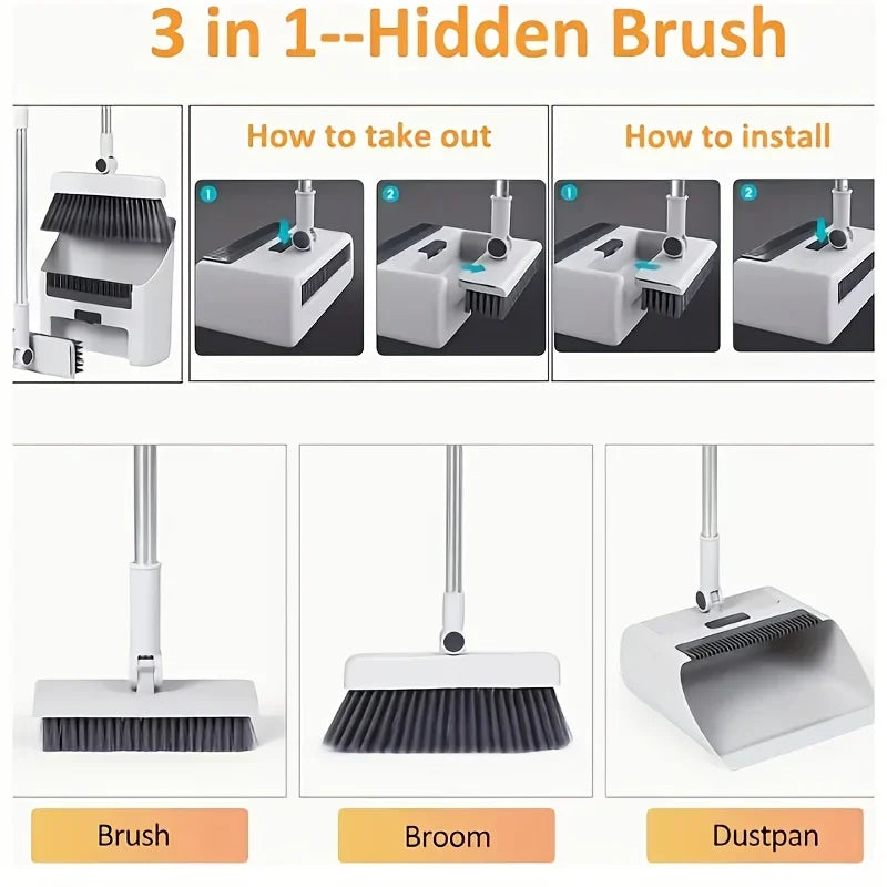 Smartlyo 3-in-1 folding broom and dustpan set for multi-surface cleaning, shown in a compact, portable design on a tiled floor.