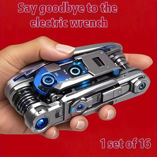 Smartlyo 16-in-1 socket wrench set with interchangeable heads, displayed on a workbench with tools and hardware.