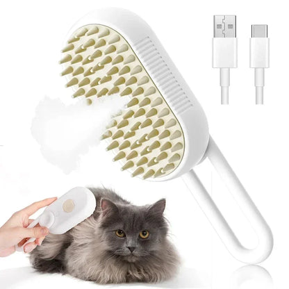 Smartlyo Steam Pet Brush 3-in-1 cleaning pet fur with steam and multiple brush attachments, shown in use on a pet's coat.