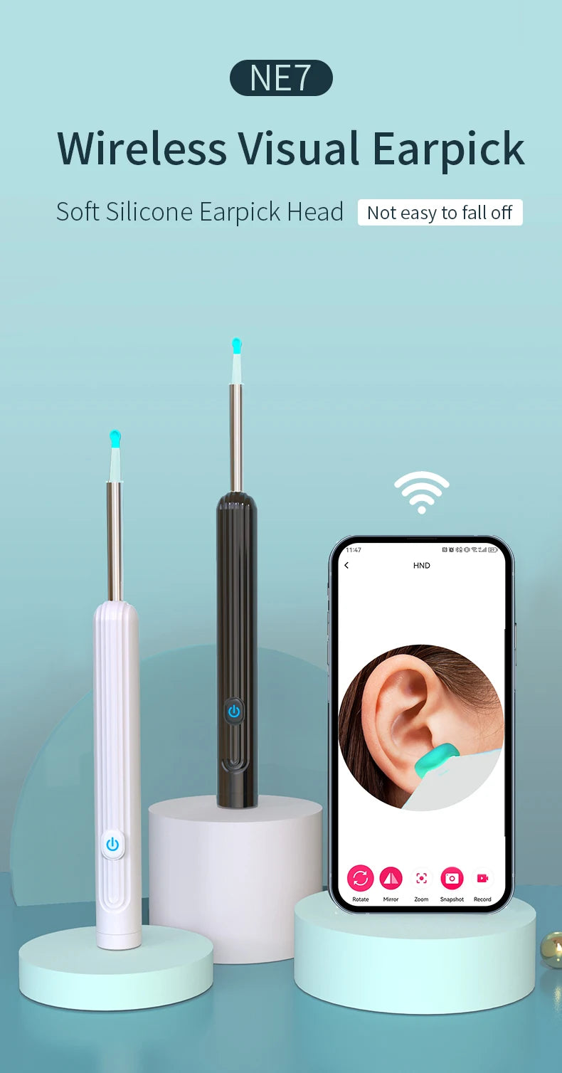 Smartlyo Smart Visual Ear Cleaner with Camera showing the device with a built-in camera and ear cleaning tip for detailed ear inspection