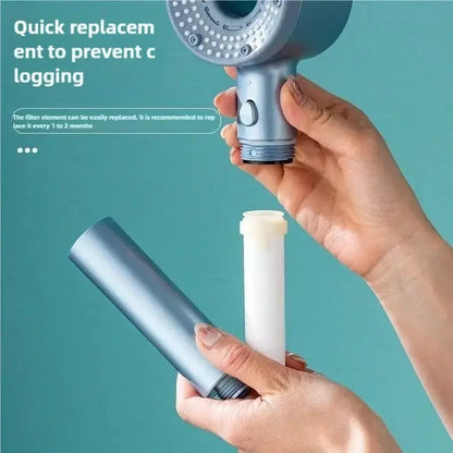 Smartlyo 5 Mode Adjustable Shower Head with multiple spray patterns, mounted on a bathroom wall with water flow visible.