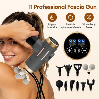 Smartlyo 11-in-1 electric massage gun with 99 intensity levels, showing multiple attachments for deep tissue muscle relaxation.