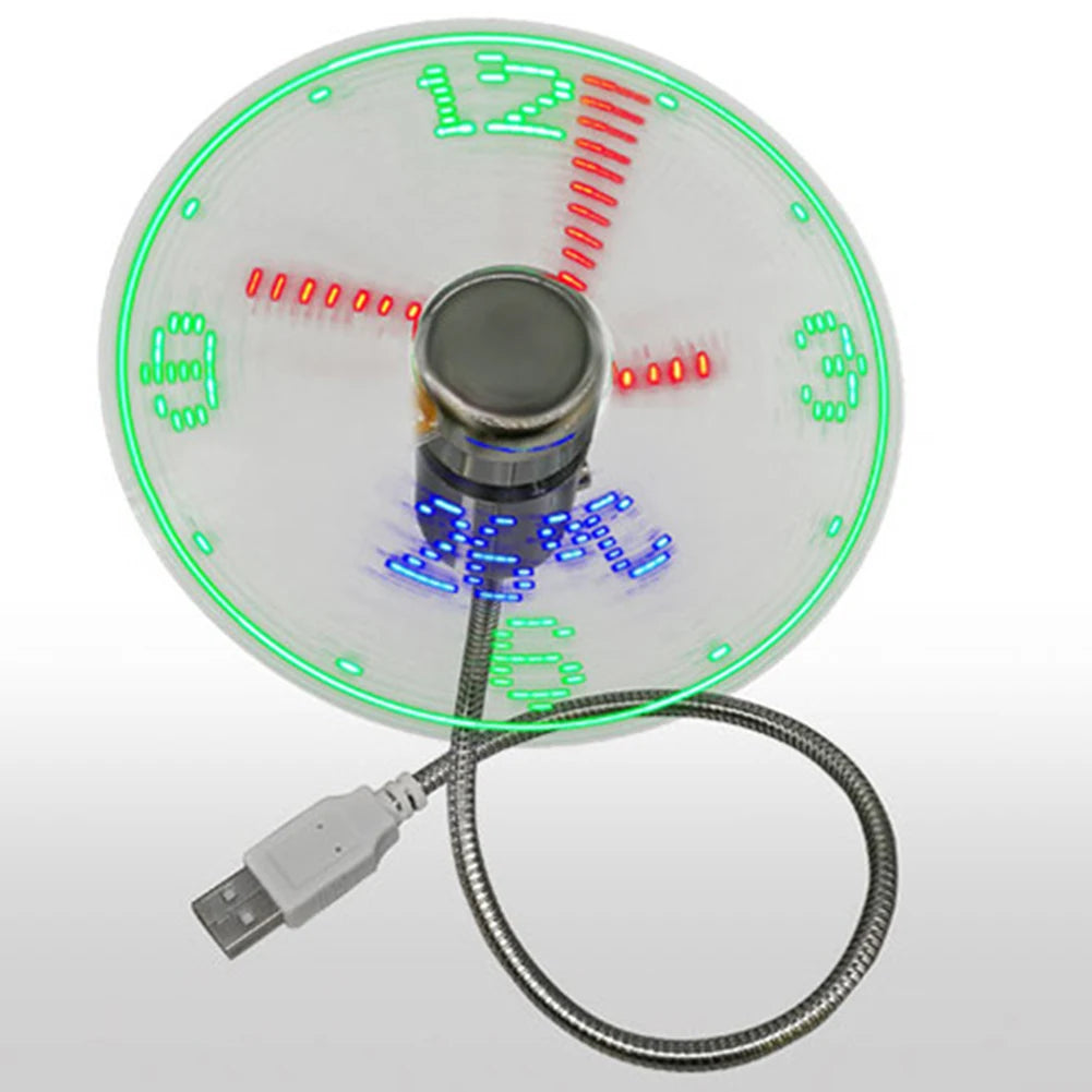 Smartlyo LED clock fan mini fan powered by DC 5V, showing a sleek black design with illuminated digital clock display.