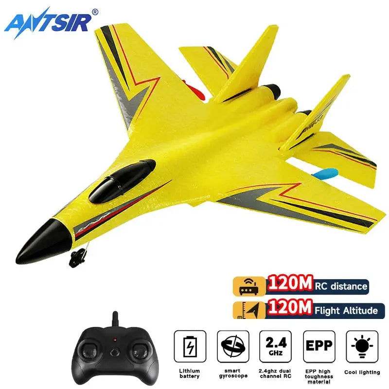 Smartlyo remote control SU-27 plane flying in the sky, detailed model with sleek design and realistic features.