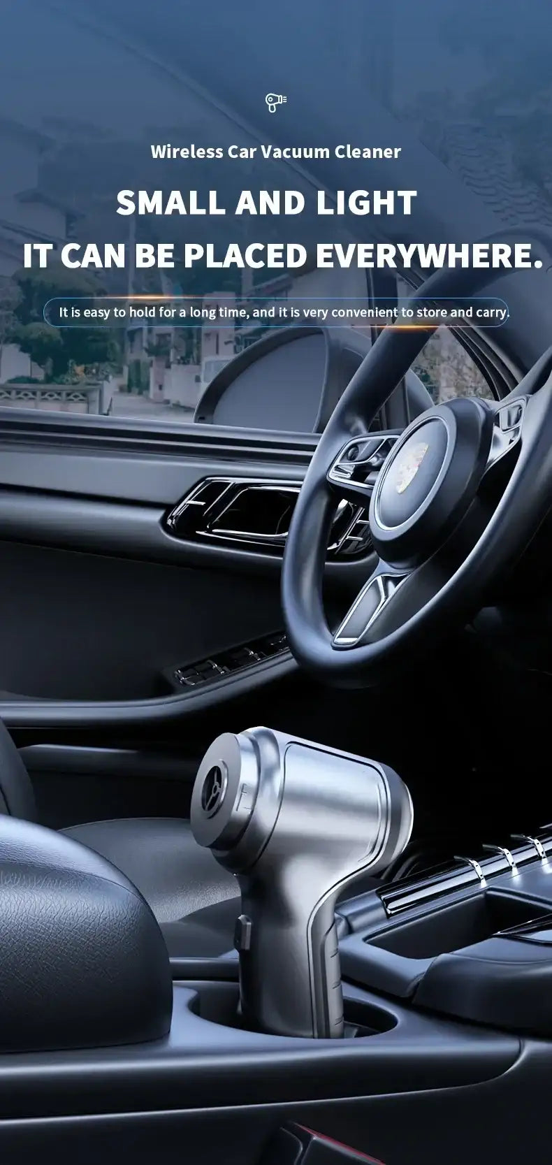 Smartlyo wireless car vacuum cleaner, cordless and portable with a compact design, suitable for quick vehicle interior cleaning.