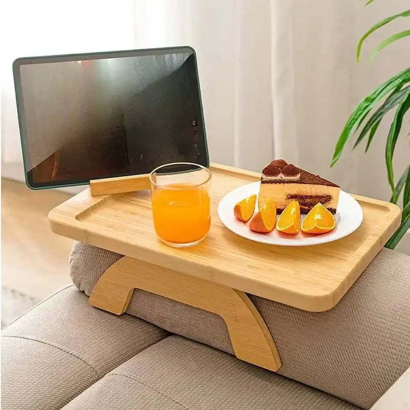 Smartlyo bamboo sofa tray table with phone holder, featuring a natural wood finish and a spacious surface for convenience