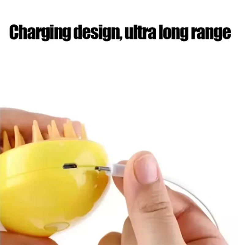 Smartlyo Steam Pet Hair Removal Brush with electric spray, showing the device in use on pet fur for effective hair removal.
