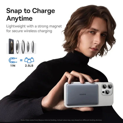 Smartlyo Baseus magnetic power bank with 5000mAh capacity, compact design, and magnetic attachment for easy charging.