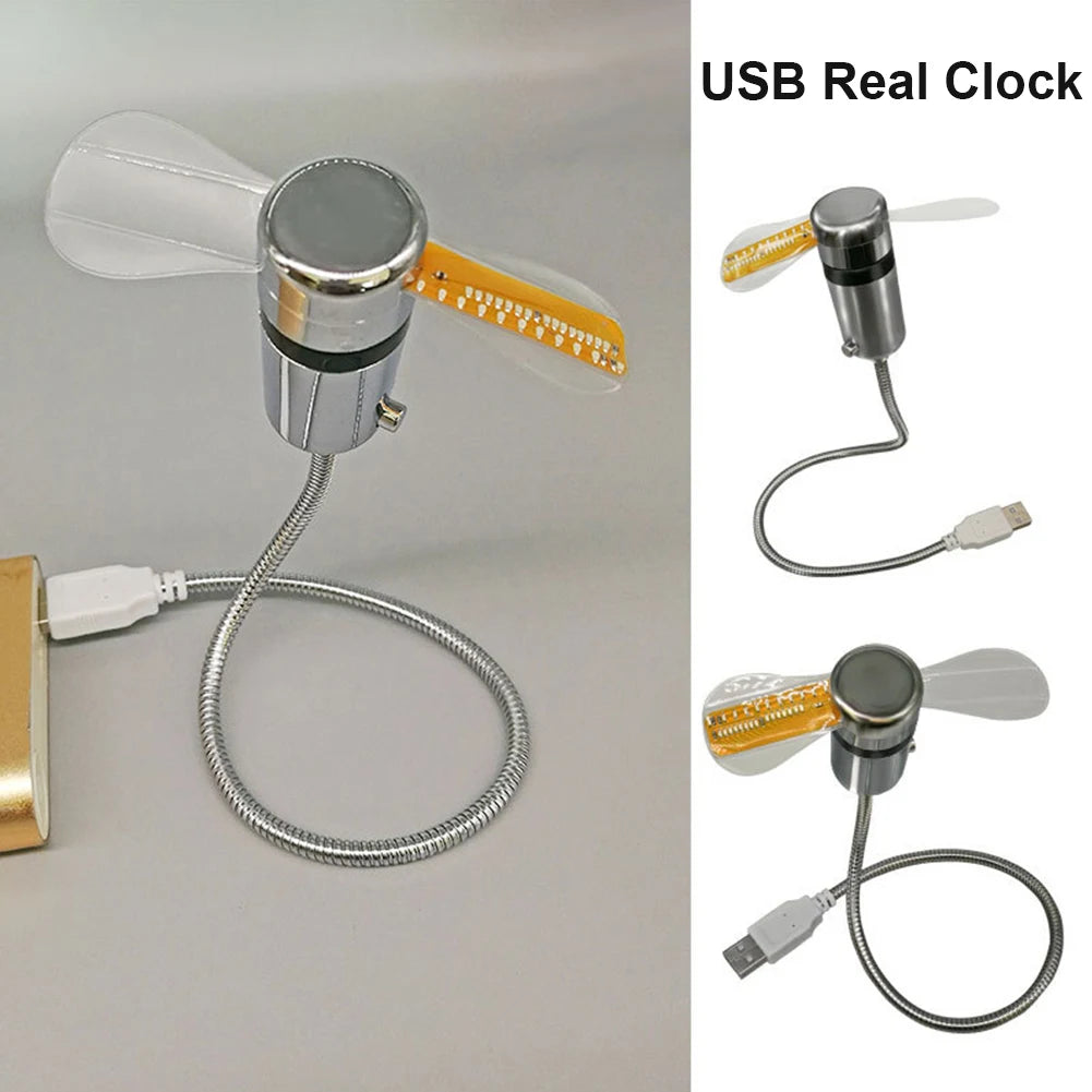 Smartlyo LED clock fan mini fan displaying time, with a sleek compact design and DC 5V power source.
