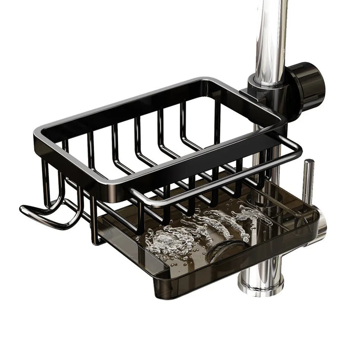 Smartlyo kitchen sink faucet organizer holding cleaning supplies and sponges, designed to keep the sink area tidy and accessible.