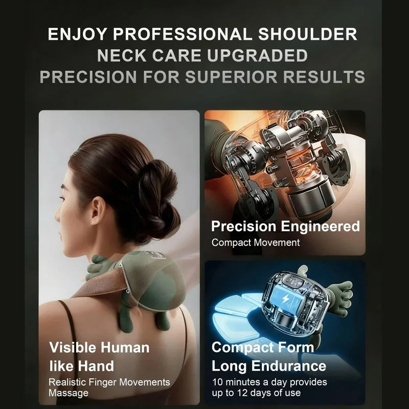 Smartlyo automatic shoulder and neck massager showing a sleek black device with adjustable straps and massage nodes for relaxation.