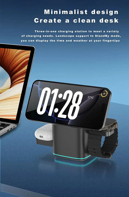 Smartlyo Qi2 25W 3-in-1 magnetic wireless charger stand with multiple device charging ports and sleek design.