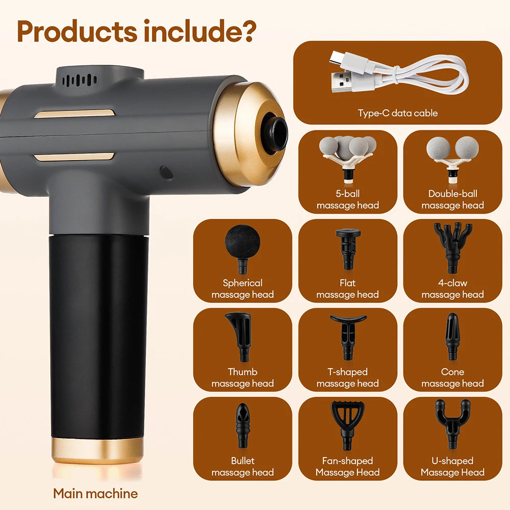 Smartlyo 11-in-1 electric massage gun with 99 speed levels, showing various attachment heads for muscle relief.